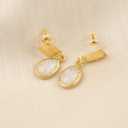 Handmade Moonstone Gold Plated Diamond Shape Stud Earrings, Minimalist Artistic Design with Drop Charm, Elegant Lightweight Jewelry Gift