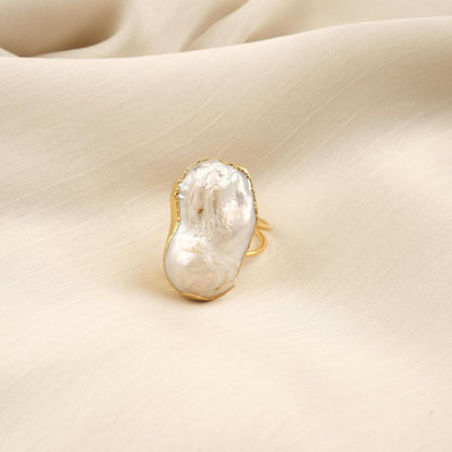 Handmade Genuine Pearl Statement, Antique Looking And Vintage Style Gold Plated Ring With Sculptural Artistic Abstract Design For Women