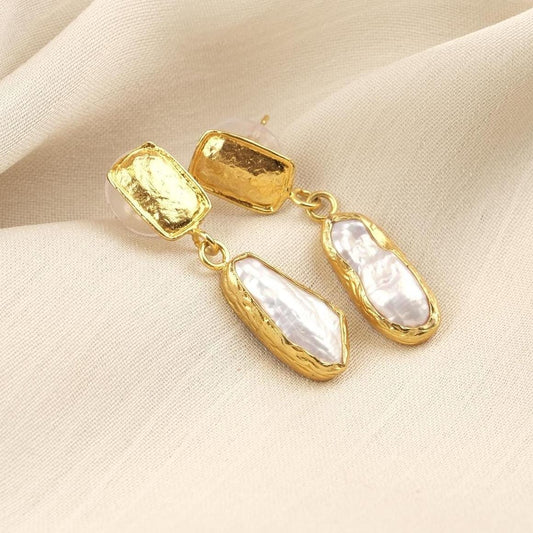 Handmade Genuine Pearl Stud Earrings with Artistic and Textured Design, Vintage Style, Antique Looking Gift, Elegant Minimalist Jewelry