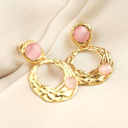 Handmade Gold Plated Stud Earrings with Rose Quartz Gemstones, Artistic Drop Design, Vintage Style Elegant Gift, Unique Statement Jewelry