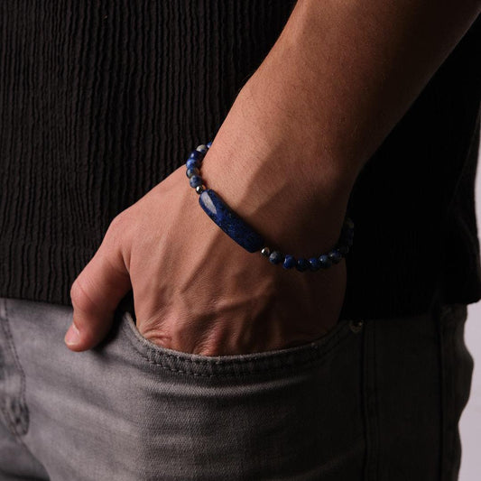 Lapis Gemstone Classic Bracelet for Men in Adjustable Silver Cord, Classy Jewelery, Gifts for Dad or Boyfriend, Lapis Bracelet for Men
