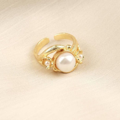 Handmade Artistic Design Ring With Faux Pearl Centerpiece, Adjustable Antique Looking And Vintage Style Gold Plated  With Delicate Detailing