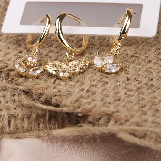 Gold Swan, Fairy And Flower Hoop Earrings, Dreamy Minimalist Jewelry For Women, Hypoallergenic Design, Made In Brass