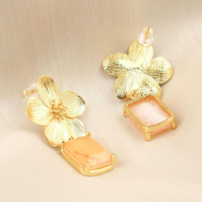 Handmade Gold Plated Flower Stud Earrings, Elegant Orange Gemstone Drop Design, Artistic Floral Charm, Unique Statement Gift for Her