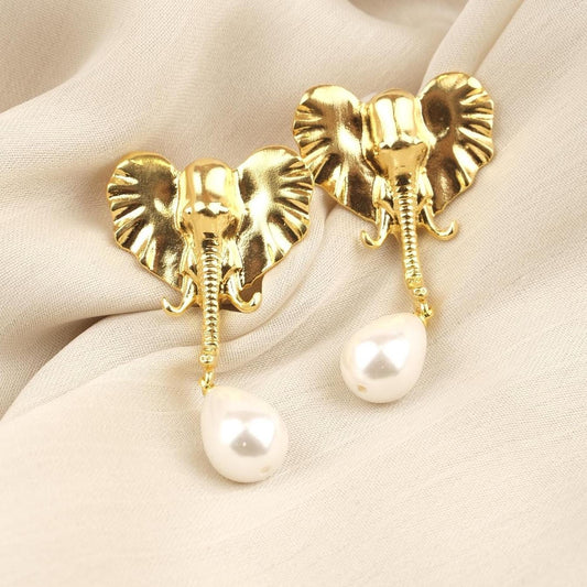 Handmade Gold Elephant Stud Earrings with Teardrop Faux Pearl, Cute Animal Design Jewelry, Playful and Elegant Antique Looking Gift Idea
