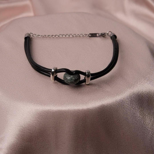 Silver Detailed Leather Cord Jasper Jade Men's Bracelet with Moonstone – 25 cm – Gift for Him, Mens Casual Bracelet, Leather Men’s Jewelry