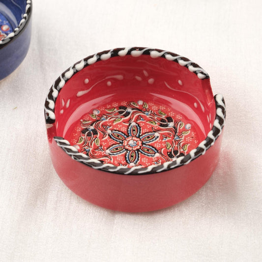 Buy1 Get1 | Red & Navy Blue Ceramic Ashtray with Vintage Lid Design, Handmade Antique Style Smoking Tray, Small Decorative Ashtray Gift