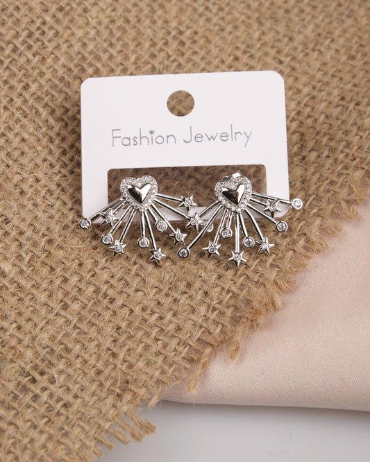 Silver Heart And Star Arrow Earrings, Sparkling Love-Inspired Hoops For Women, Timeless Brass Jewelry For Every Season