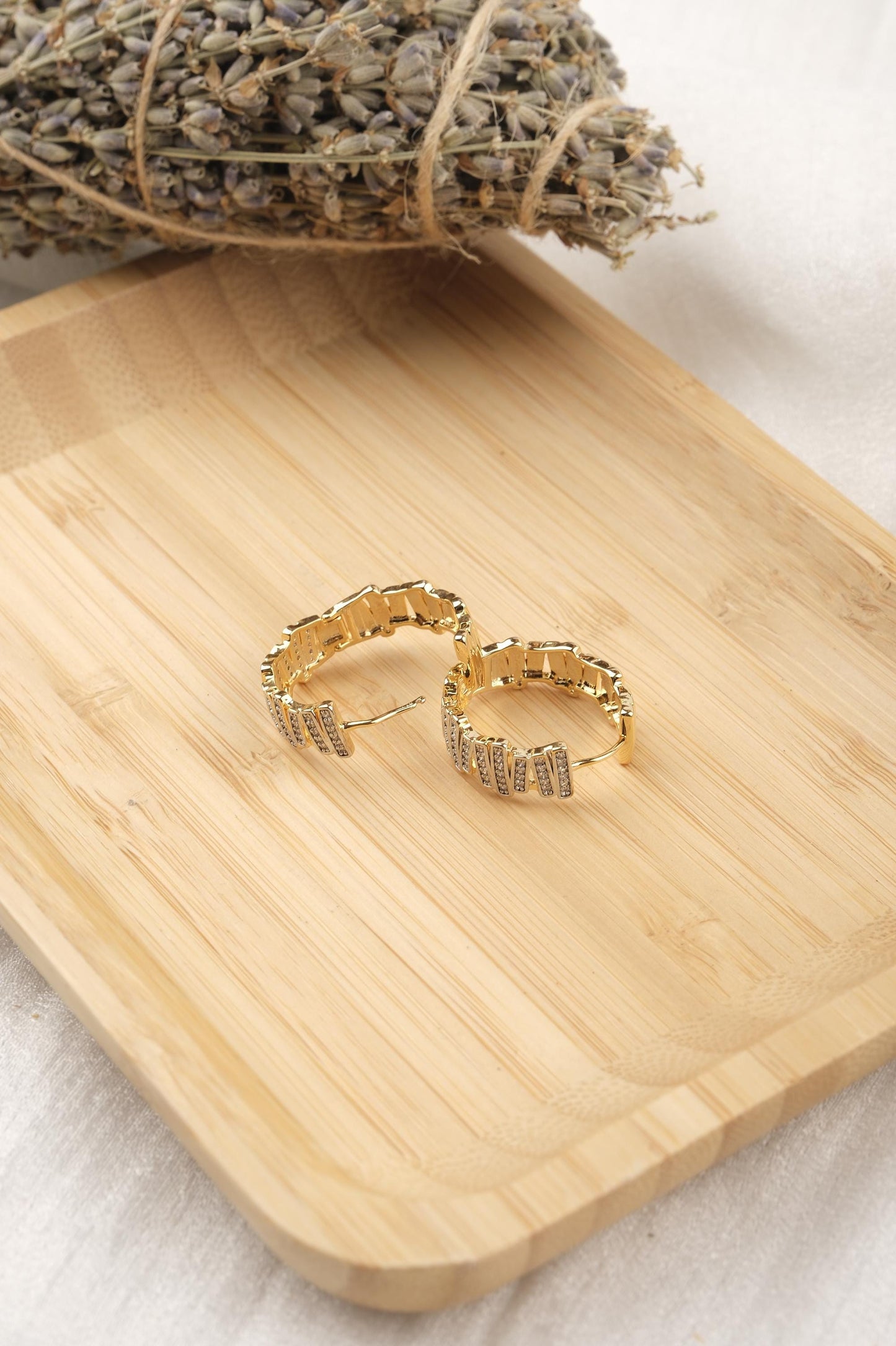 British Lock Gold Hoop Earrings With Emerald-Cut Diamond Accents Hypoallergenic Lightweight Chic Elegant Everyday Jewelry Gift for Women