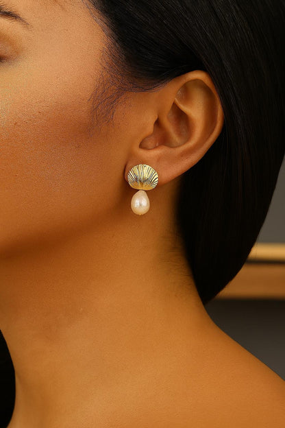 Handmade Genuine Pearl Shell Stud Earrings, Gold Plated Sea-Inspired Design with Real Freshwater Pearls, Elegant Vintage Style Gift Idea