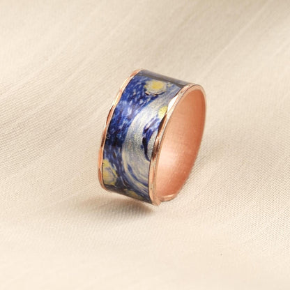 Vincent van Gogh “The Starry Night” Ring in Pure Copper, Adjustable Artistic Design | Handmade Antique Looking Vintage Style Statement Gift
