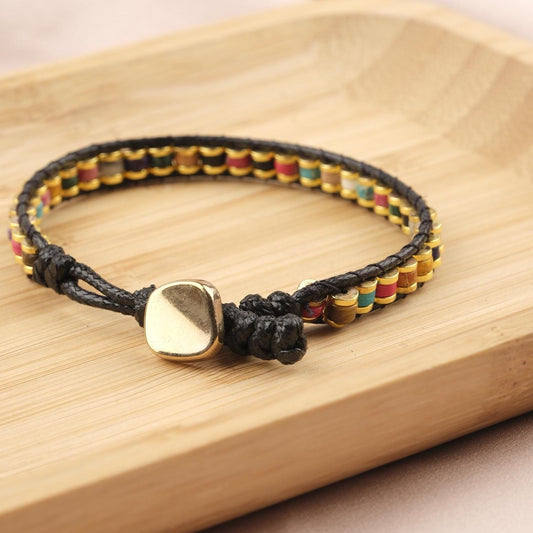 Multi-Gemstone Power Bracelet for Men, Hematite Beaded Leather Wristband, Healing Energy Gift, 21cm / 8.26in Titanium Lock