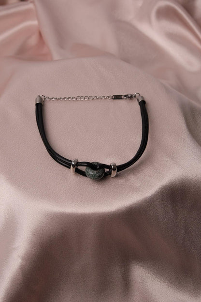 Silver Detailed Leather Cord Jasper Jade Men's Bracelet with Moonstone – 25 cm – Gift for Him, Mens Casual Bracelet, Leather Men’s Jewelry