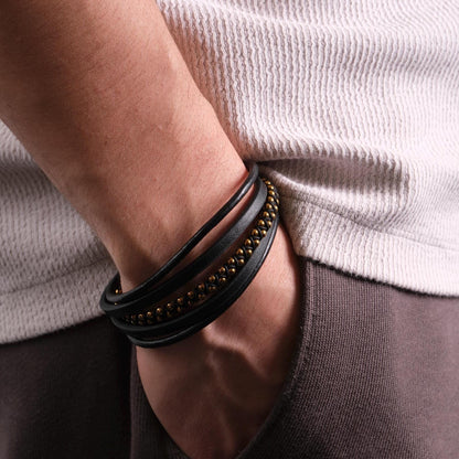 Black Genuine Leather Bracelet for Men with Gold Beads, Statement Jewelry Gift for Him
