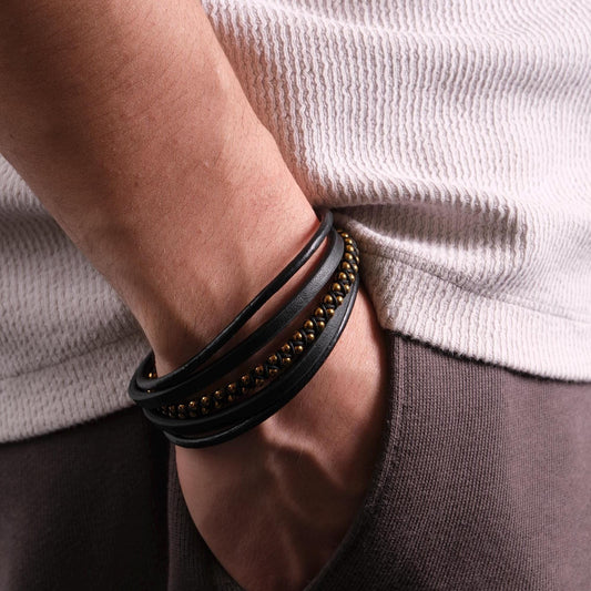 Black Genuine Leather Bracelet for Men with Gold Beads, Statement Jewelry Gift for Him