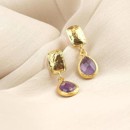Handmade Gold Plated Stud Earrings with Birthstone Amethyst Gemstone, Elegant Drop Design, Antique Looking Jewelry, Unique Gift for Her