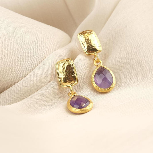 Handmade Gold Plated Stud Earrings with Birthstone Amethyst Gemstone, Elegant Drop Design, Antique Looking Jewelry, Unique Gift for Her