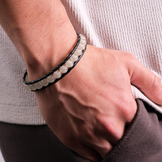 Glow in the Dark Gemstone Men's Bracelet – 22cm Leather and Stainless Steel Bright and Bold Design