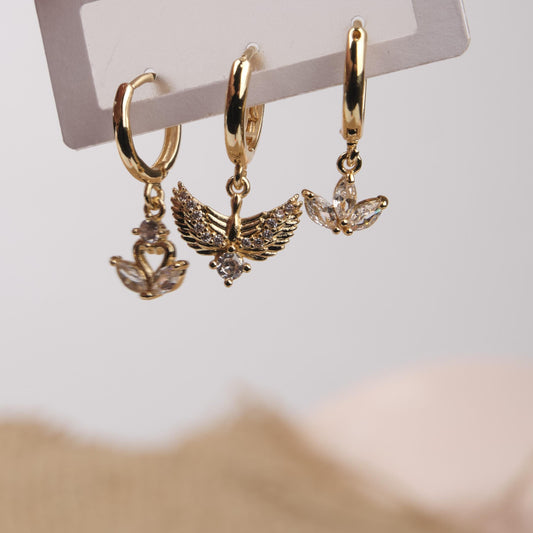 Gold Swan, Fairy And Flower Hoop Earrings, Dreamy Minimalist Jewelry For Women, Hypoallergenic Design, Made In Brass