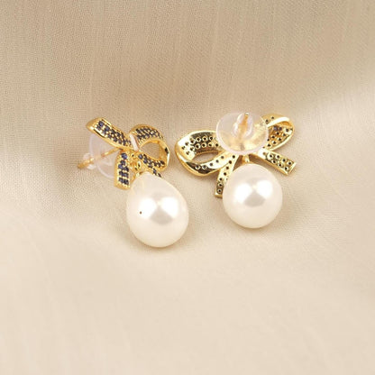 Handmade Gold Plated Bow Tie Stud Earrings, Elegant Drop Design with Faux Pearl, Chic and Feminine Retro Look, Unique Gift for Women Gift