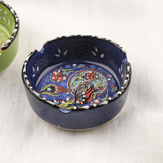 Buy1 Get1 | Green & Navy Blue Ceramic Ashtray with Vintage Lid, Handmade Antique Style Small Smoking Tray, Elegant Decorative Ashtray Gift