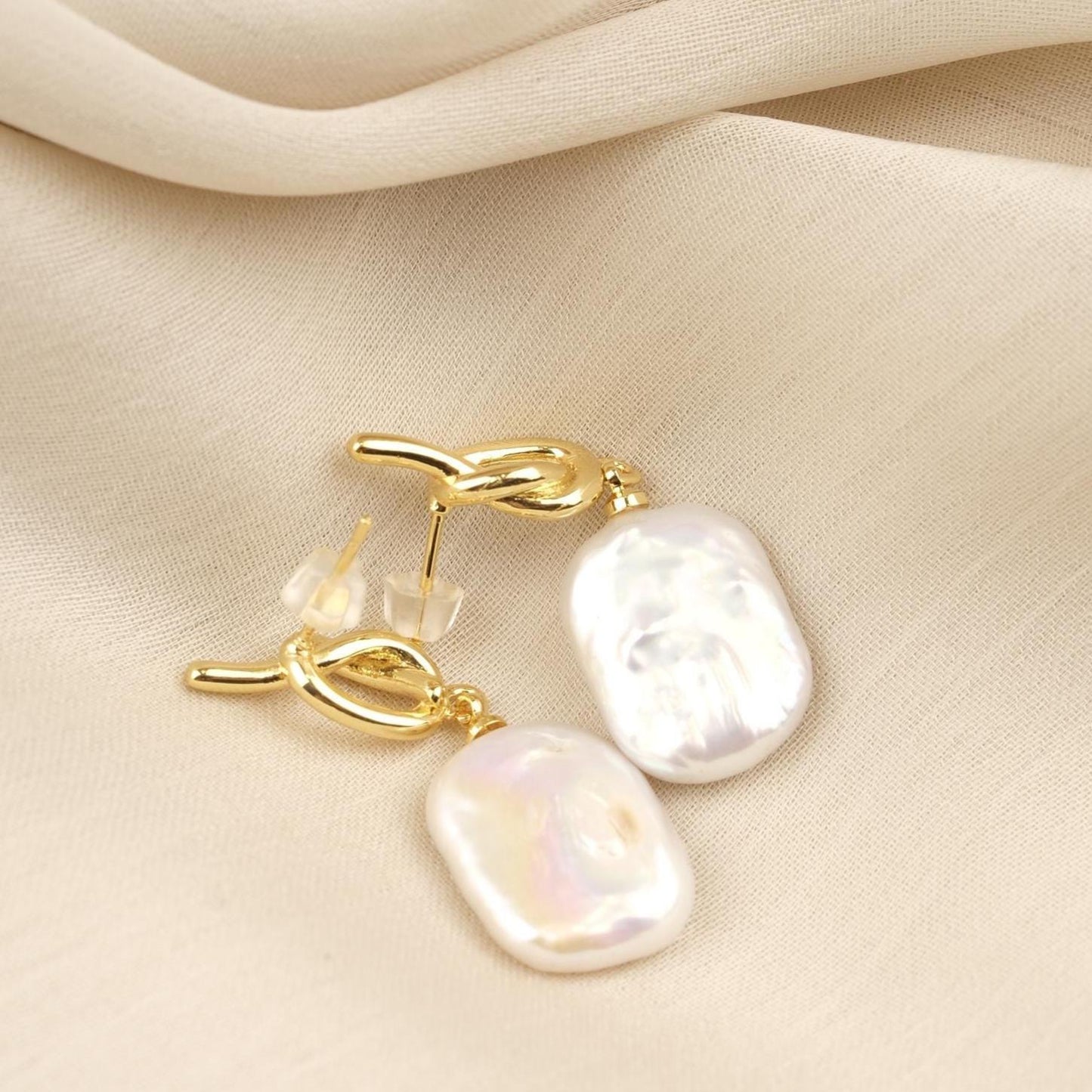 Handmade Genuine Pearl Tie Style Studs, Gold Plated Twisted Detail Earrings, Elegant Minimalist Jewelry For Women, Modern Freshwater Charm