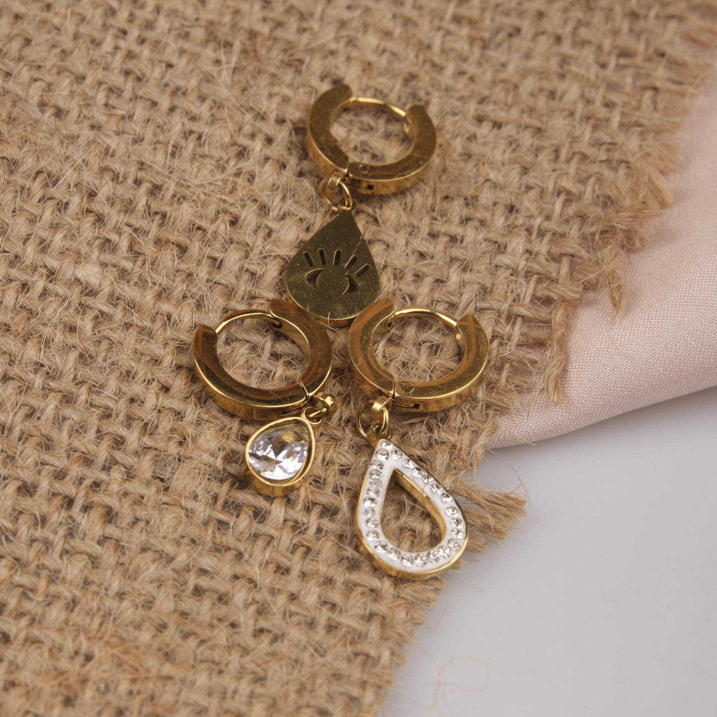 Gold Eye Drop And Diamond Earrings Set Of 6, Symbolic Hypoallergenic Jewelry For Women, Gift-Ready Brass Collection