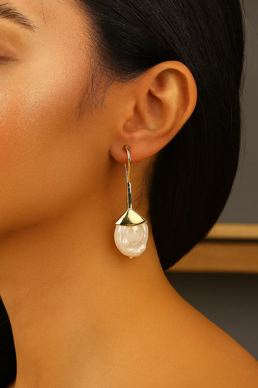 Handmade Genuine Pearl Dangle Earrings, Elegant Gold Plated Design with Baroque Freshwater Pearls, Vintage Style & Antique Looking Her Gift