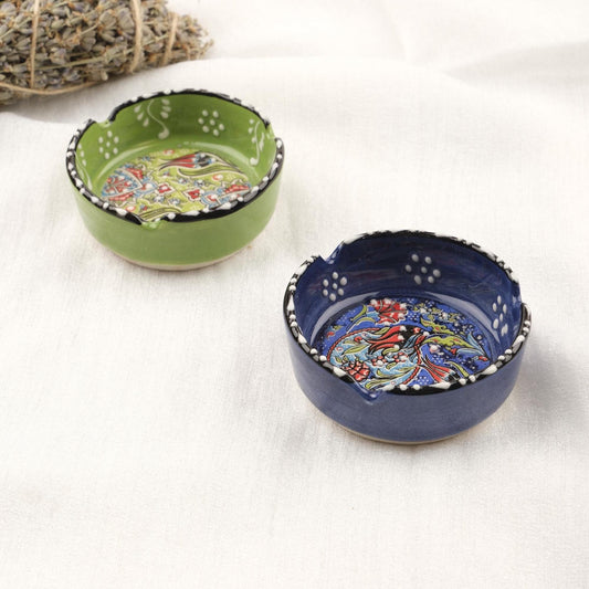 Buy1 Get1 | Green & Navy Blue Ceramic Ashtray with Vintage Lid, Handmade Small Smoking Tray, Elegant Antique Style Decorative Ashtray Gift