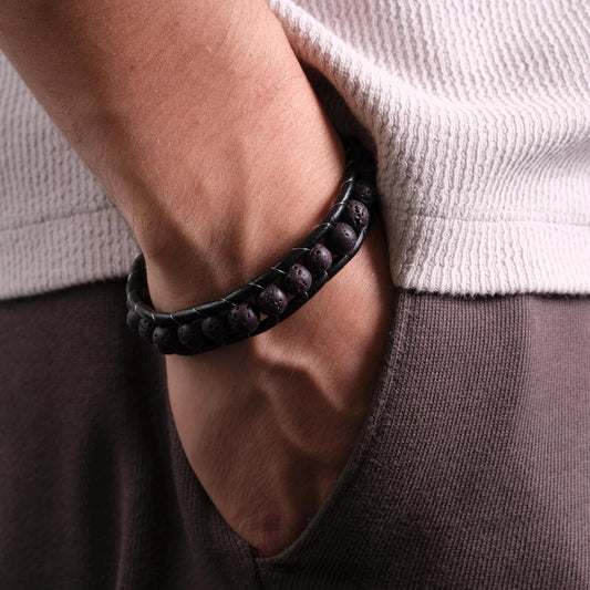 Black Carbon Matte Gemstone Bracelet for Men, Real Leather, Steel Wrapped, 22cm, Durable Masculine Design