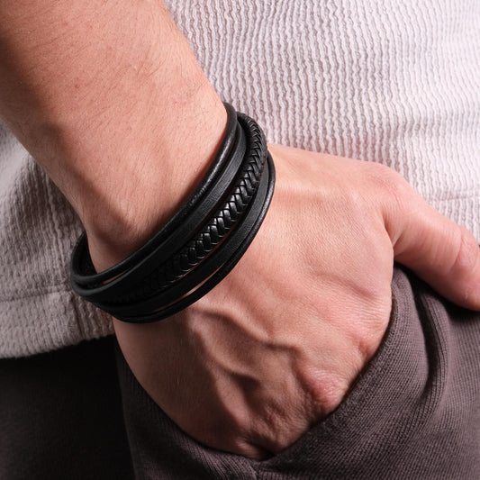 Triple Strand Black Leather Men's Bracelet 22cm – Genuine Leather with Braided, Smooth, and Round Strap Design for Bold Maximalist Style