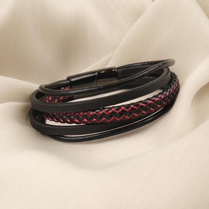 Black Leather Titanium Lock  Men's Bracelet – 22cm Bold Design with Red Stitching and Gold Accent