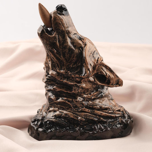 Gold Black Howling Wolf Backflow Incense Holder & Burner in Resin | Unique Ash Catcher for Meditation Lovers, Authentic Yoga Accessories