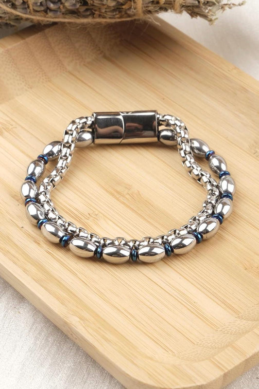Dual Energy, Double Layer Hematite Leather Bracelet for Men, Silver and Crystal Stone Gift for Him, Stylish Wristband