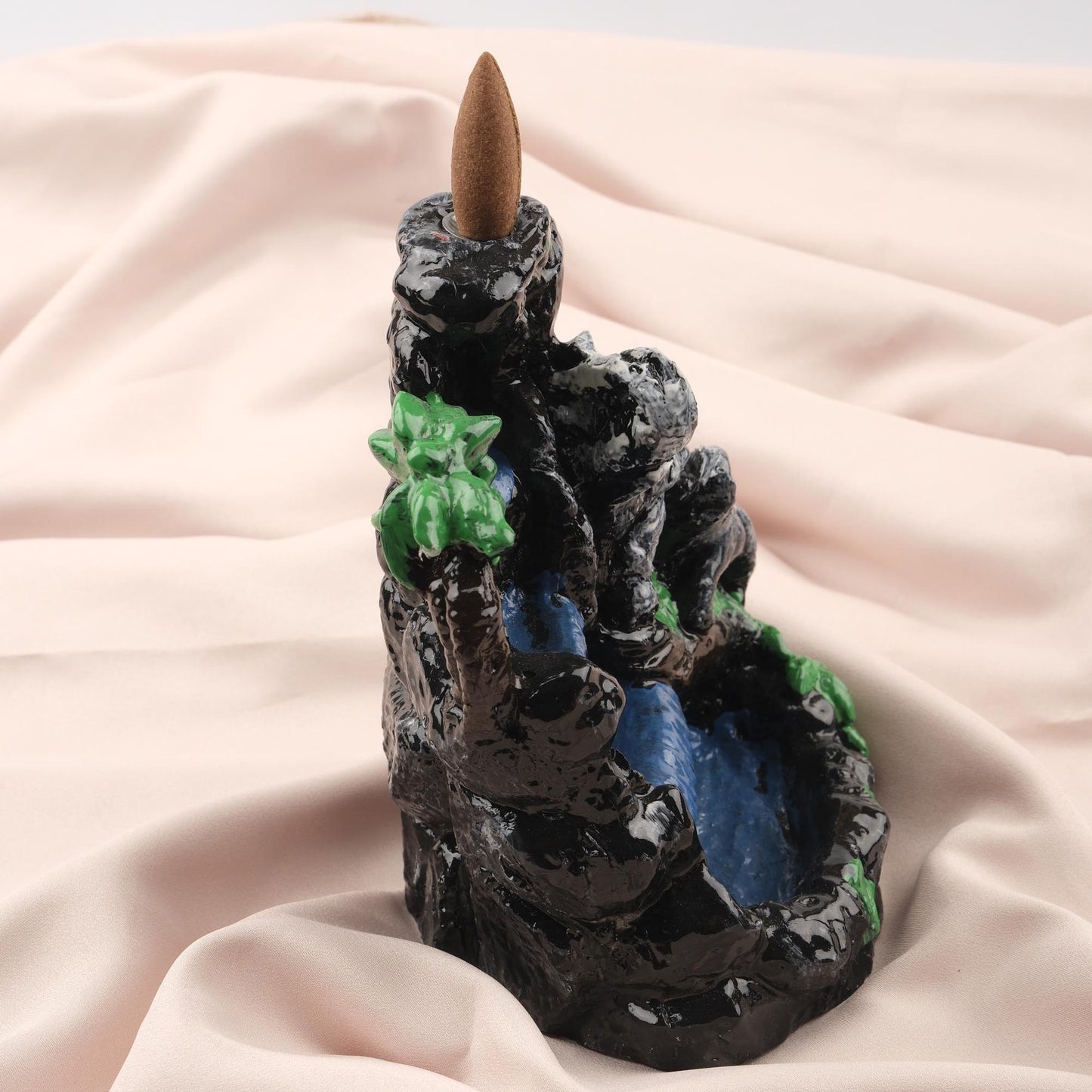 Mini Island with Elephant Waterfall Backflow Incense Burner, 17 cm / 6.7 in | Nature-Inspired Resin Smoke Fountain, Meditation Gift