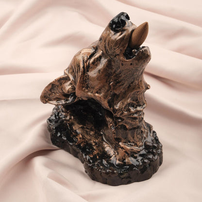 Gold Black Howling Wolf Backflow Incense Holder & Burner in Resin | Unique Ash Catcher for Meditation Lovers, Authentic Yoga Accessories