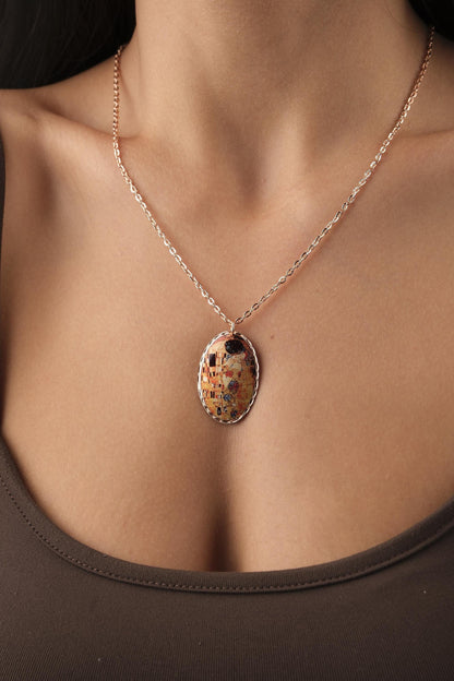 Gustav Klimt "The Kiss" Necklace in Pure Copper, Artistic Pendant & Adjustable Chain | Handmade Antique Looking Vintage Style Gift