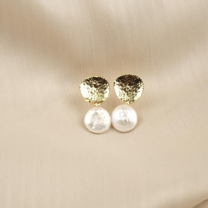 Handmade Gold Plated Stud Earrings with Genuine Freshwater Pearl, Antique Looking Dome Design, Elegant Artistic Minimal Jewelry Gift for her