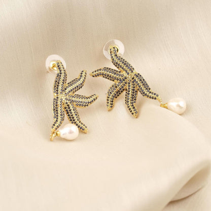 Handmade Real Pearl & Starfish Stud Earrings with Genuine Freshwater Pearl, Light Artistic Ocean-Inspired Design, Elegant Marine Style Gift