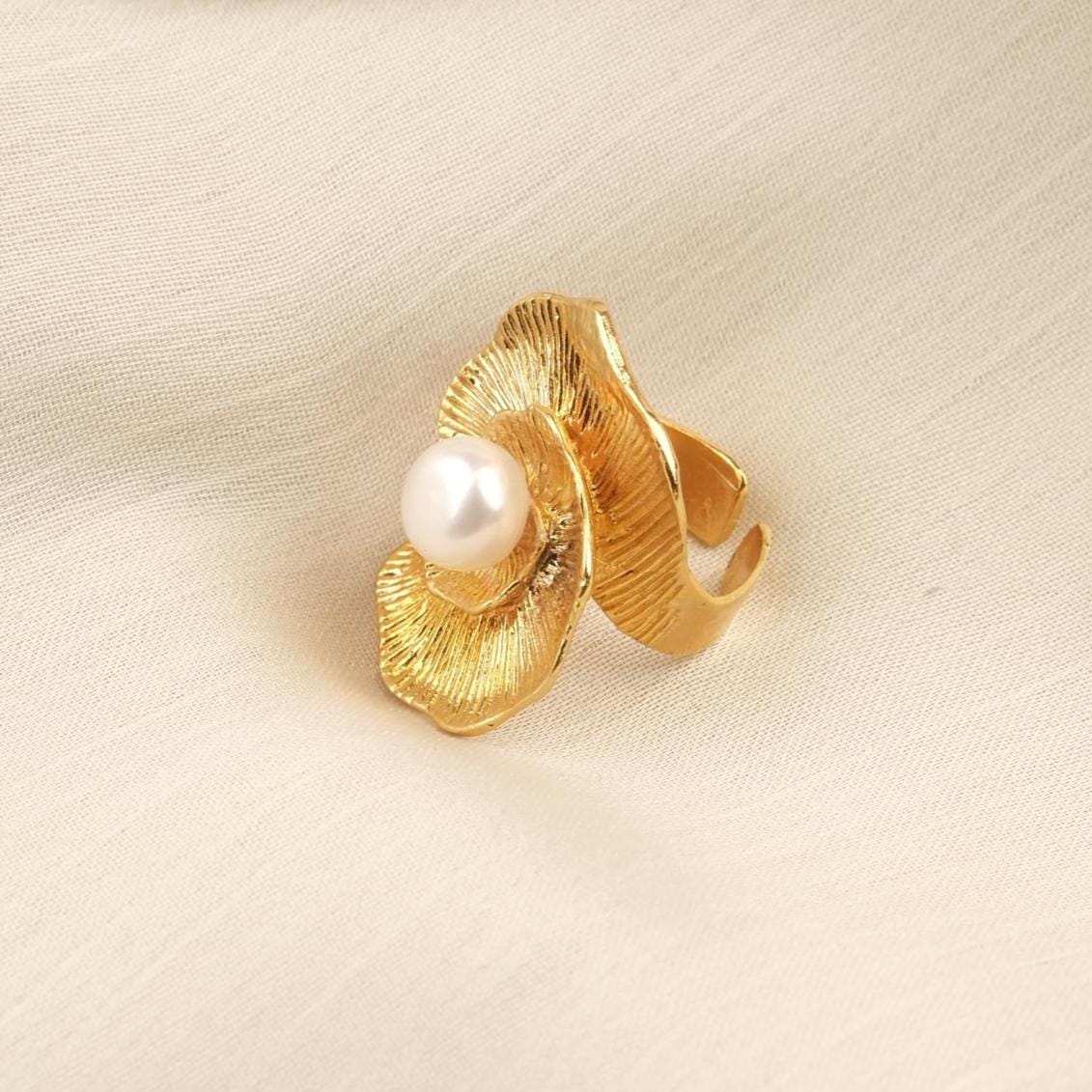 Handmade Genuine Pearl Ring Flower Design & Antique Looking And Vintage Style Timeless Gold Plated Adjustable , Elegant Bold  Jewelry Gift