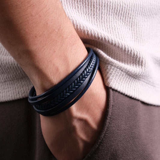 Navy Blue Men's Bracelet 22cm Genuine Leather Multi-Layer Braided Wrap Wristband with Magnetic Clasp Bold Stylish Gift for Him