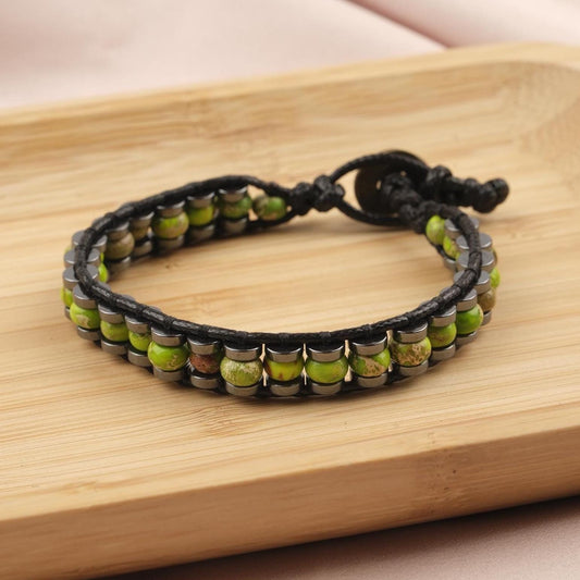 Stone of Vitality, Green Jasper & Hematite Leather Bracelet for Men, Bold Crystal Wristband Gift, Rugged Earthy Style, 21cm / 8.26in