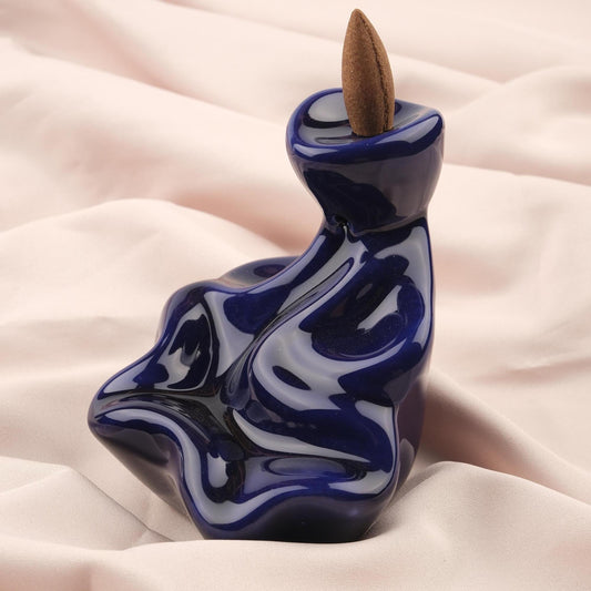 Abstract Backflow Incense Burner | 14 cm / 5.5 in | Modern Resin Smoke Fountain, Minimalist Spiritual Decor, Meditation Gift, Navy Blue