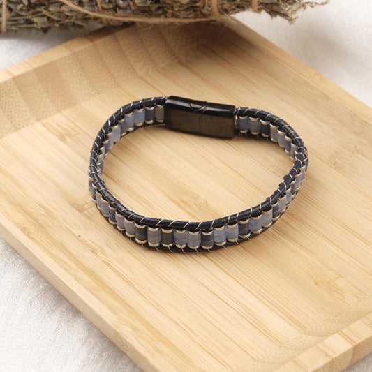 Stone of Communication, Blue Lace Aventurine & Leather Bracelet for Men, Minimal Crystal Gift with Hematite Accents Titanium Lock