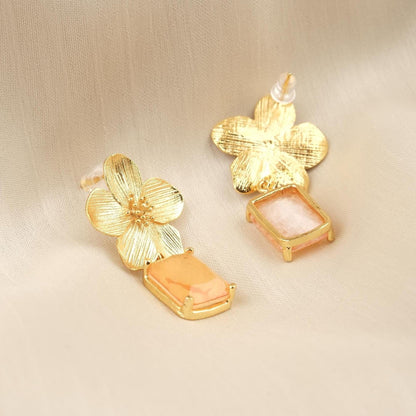 Handmade Gold Plated Flower Stud Earrings, Elegant Orange Gemstone Drop Design, Artistic Floral Charm, Unique Statement Gift for Her