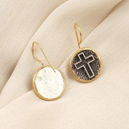 Handmade Gold Plated Cross Dangle Earrings, Textured Round Drop Design with Antique Looking Finish, Faith Inspired Elegant Gift for Her