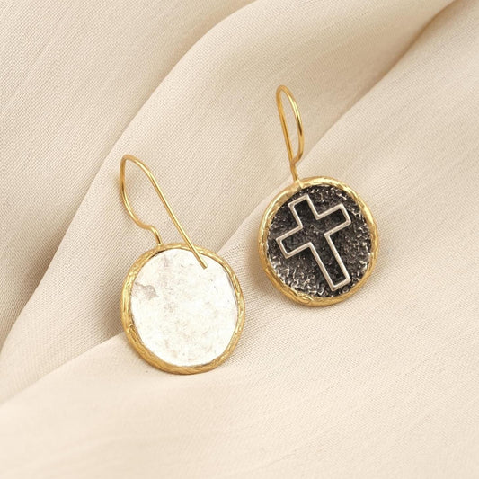 Handmade Gold Plated Cross Dangle Earrings, Textured Round Drop Design with Antique Looking Finish, Faith Inspired Elegant Gift for Her