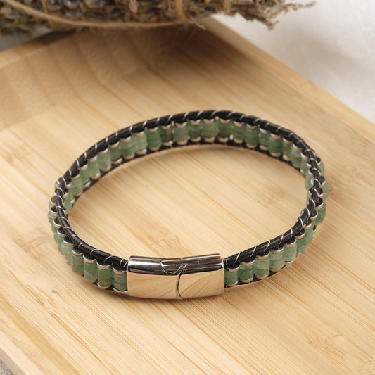 Stone of Opportunity, Green Aventurine & Leather Bracelet for Men, Crystal Bracelet Gift with Hematite, Stylish Wristband