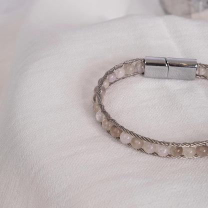 Silver & White Gemstone Wrapped Men's Bracelet in Silver 22cm Genuine Leather , Gemstone, Durable, Stylish Gift for Him