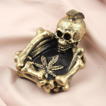Gold & Black Marijuana Leaf Ashtray in Skeleton Form, Gothic and Hippie Art Cigarette Lid for Smokers, Unique Smoking Accessory | Skull Art